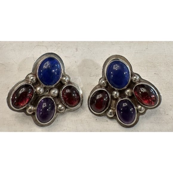 NAKAI NAVAJO 925 Sterling Silver Vintage Multi-Stone Earrings Amethyst Lapis - Picture 2 of 10